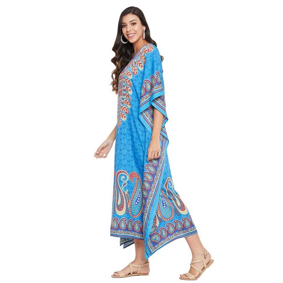 Women Plus Size Fit and Flare Paisley Printed Blue Kaftan Dress by Gypsie Blu - Picture 5 of 8